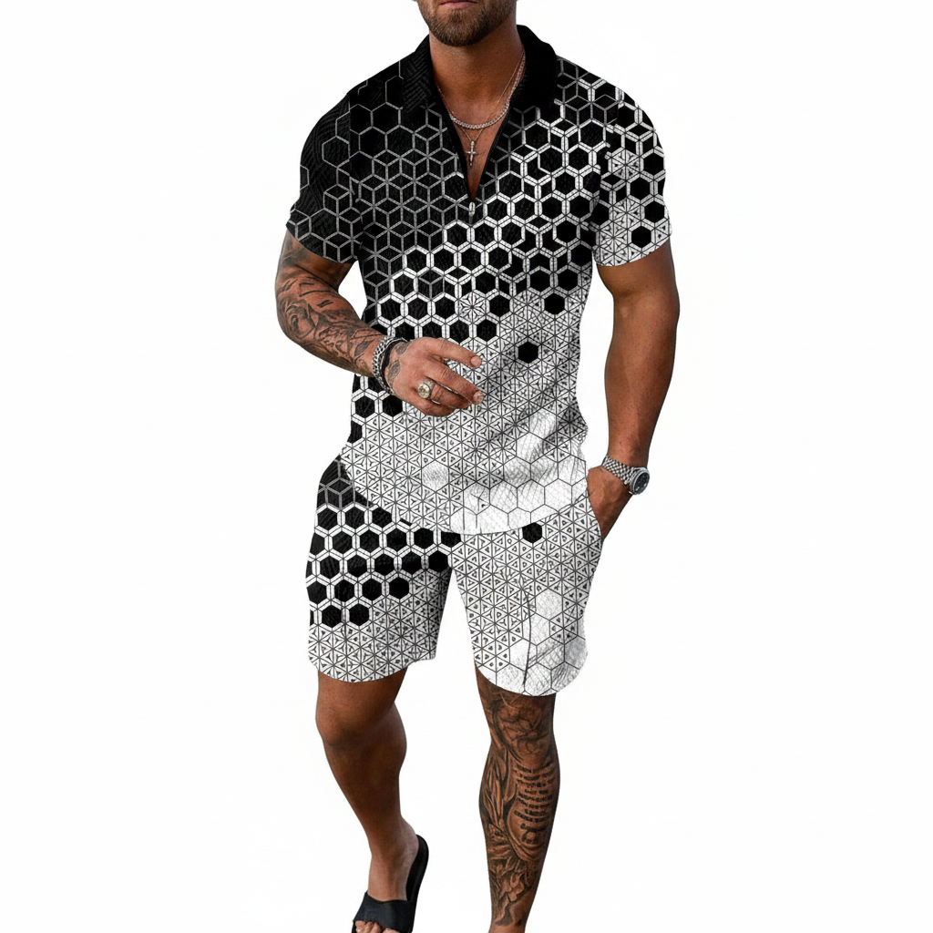 Men’s Color Block Zip Polo Shirt with Matching Shorts Set
