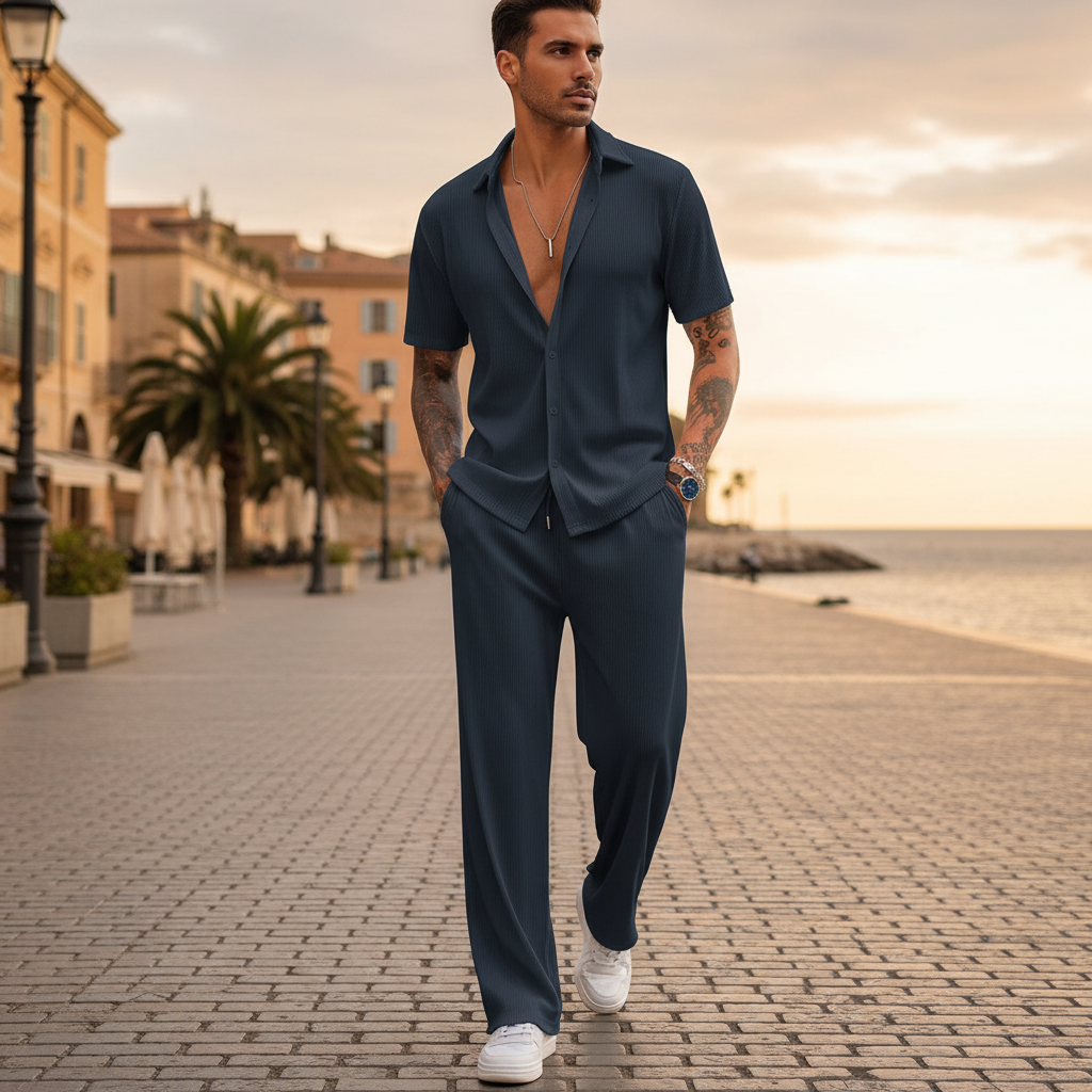 Men’s Ribbed Short Sleeve Button-Up Shirt with Drawstring Pants Set in Gray 18