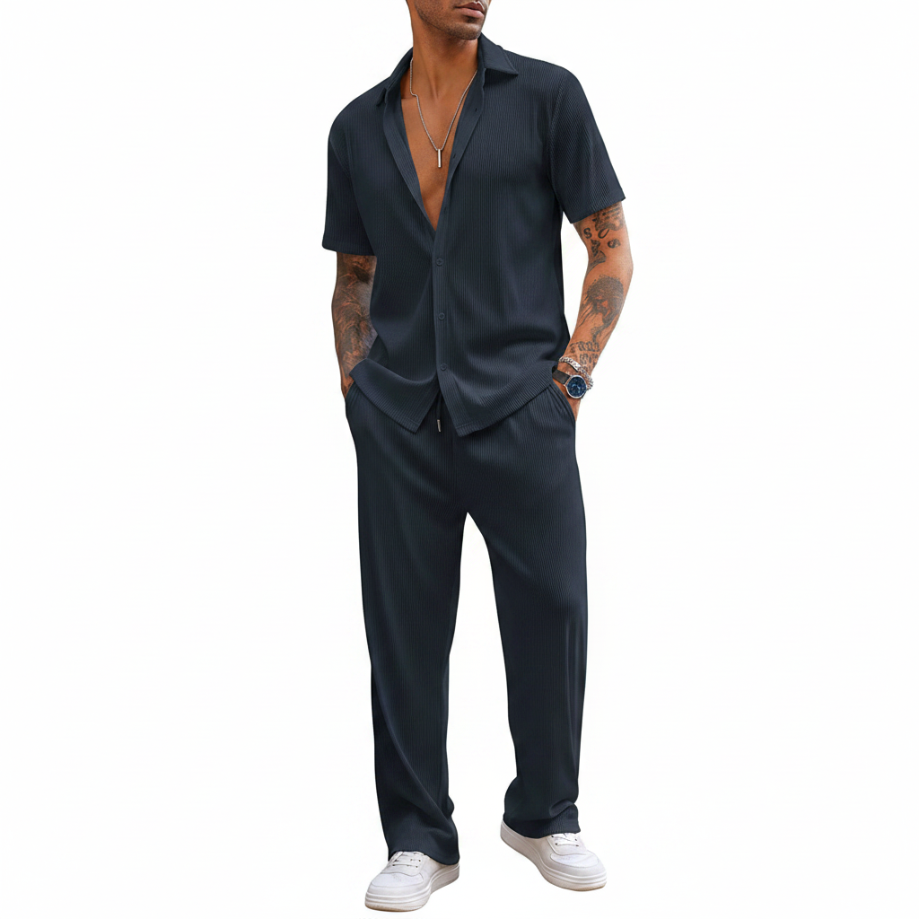 Men’s Ribbed Short Sleeve Button-Up Shirt with Drawstring Pants Set in Gray 19
