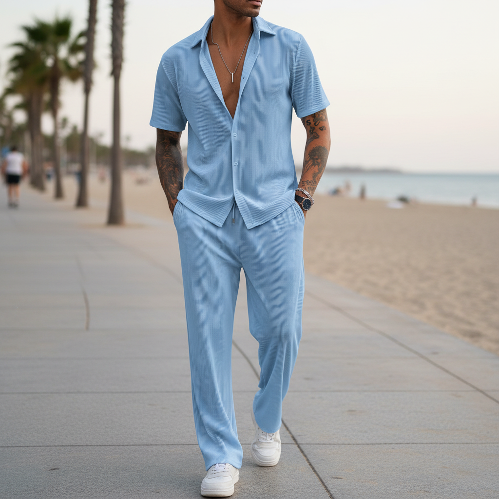 Men’s Ribbed Short Sleeve Button-Up Shirt with Drawstring Pants Set in Gray 16