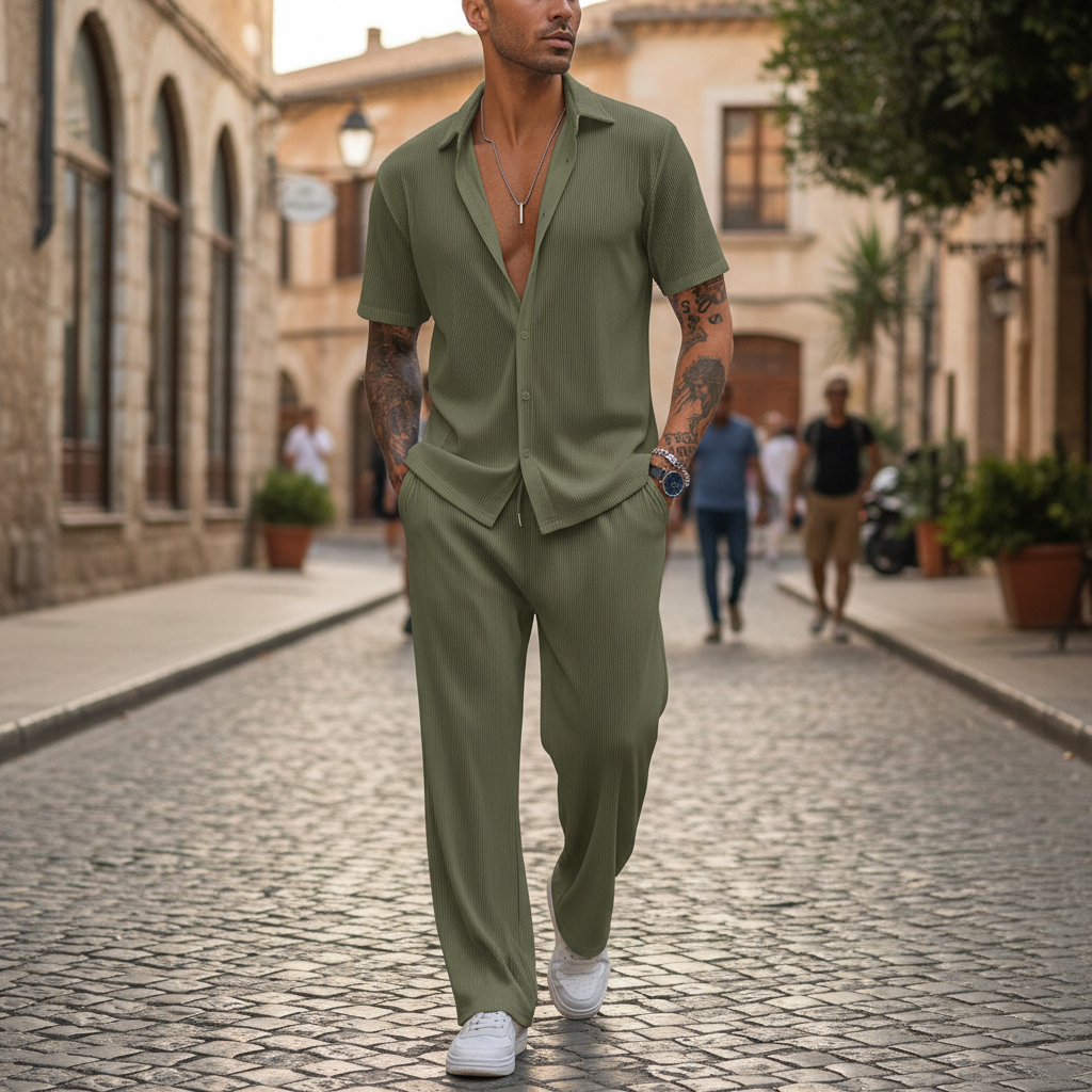 Men’s Ribbed Short Sleeve Button-Up Shirt with Drawstring Pants Set in Gray 8