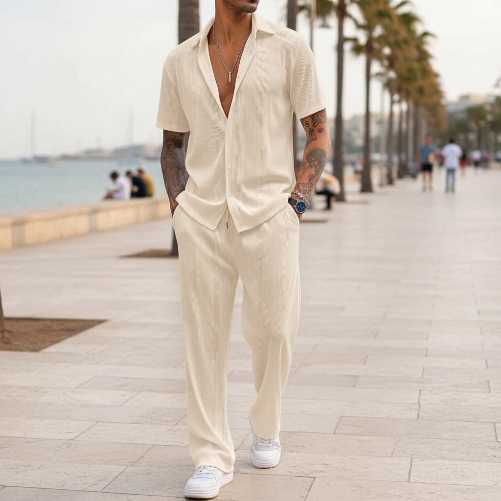 Men’s Ribbed Short Sleeve Button-Up Shirt with Drawstring Pants Set in Gray 12