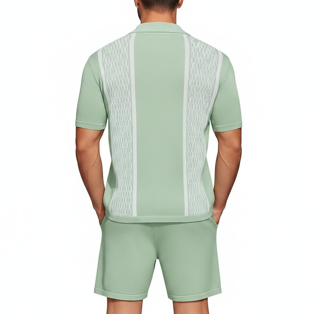 Men’s Textured Short Sleeve Button-Up Polo Shirt with Matching Shorts Set in Mint Green 6