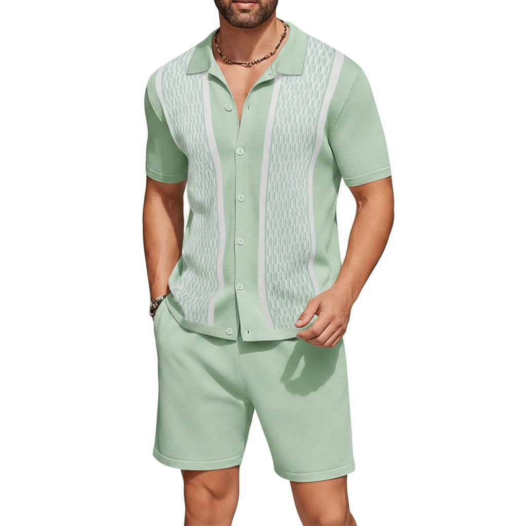 Men’s Textured Short Sleeve Button-Up Polo Shirt with Matching Shorts Set in Mint Green