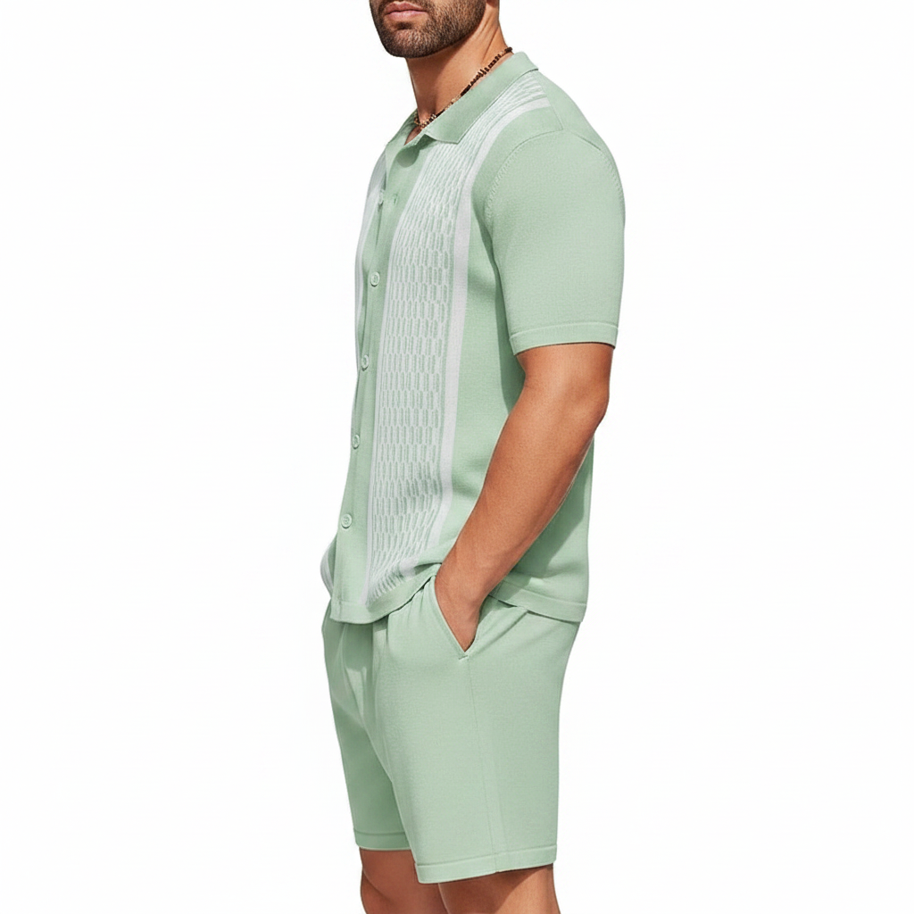 Men’s Textured Short Sleeve Button-Up Polo Shirt with Matching Shorts Set in Mint Green 7