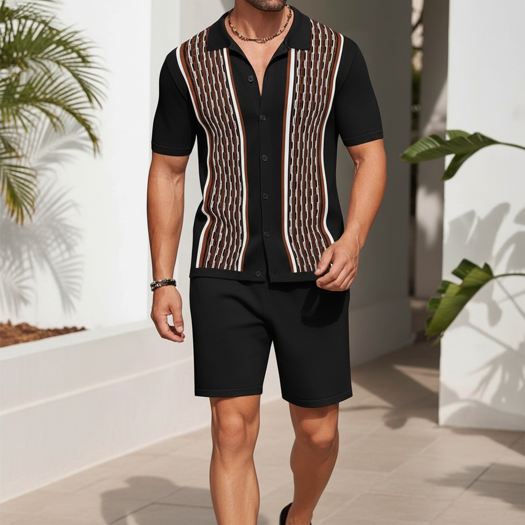Men’s Textured Short Sleeve Button-Up Polo Shirt with Matching Shorts Set in Mint Green 27