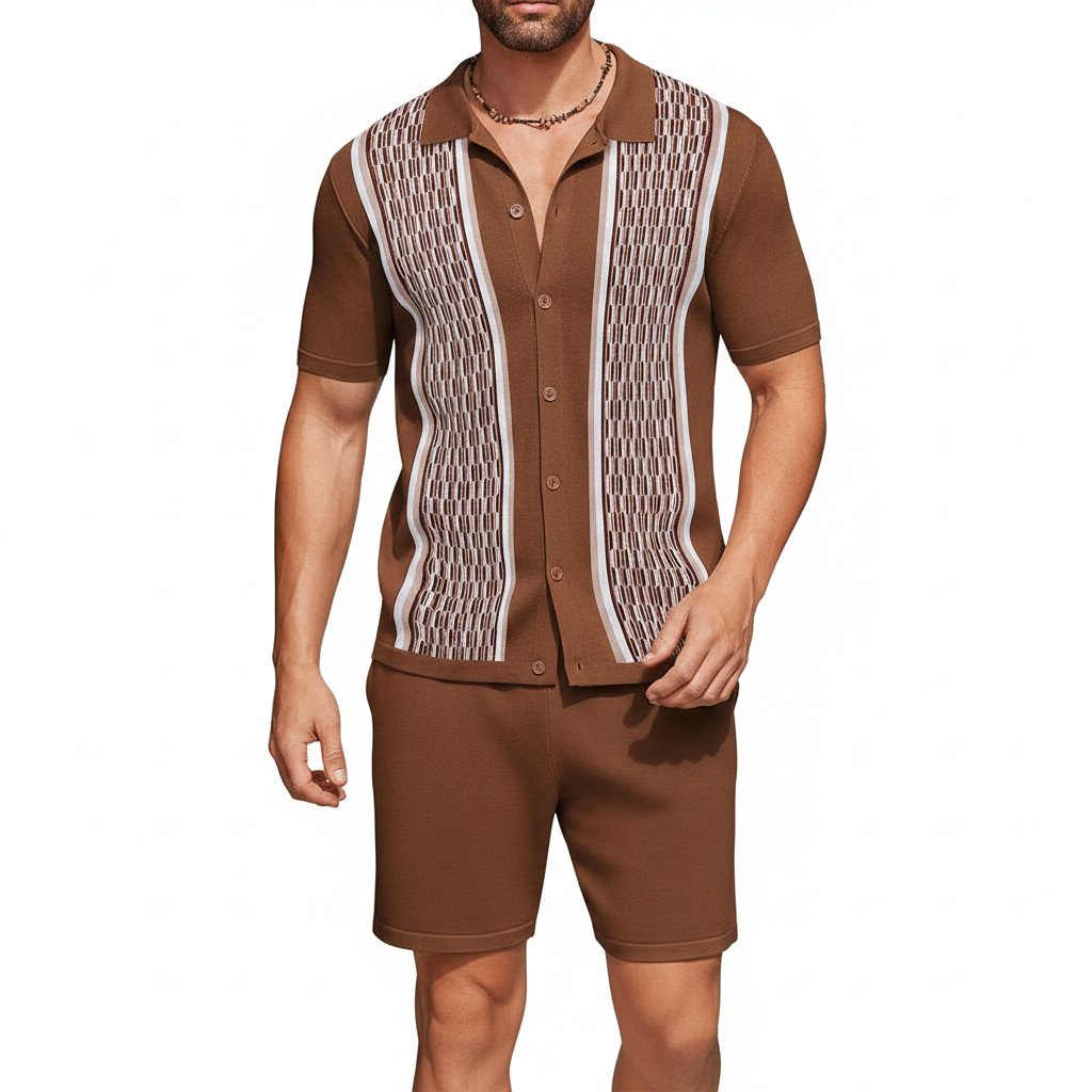 Men’s Textured Short Sleeve Button-Up Polo Shirt with Matching Shorts Set in Mint Green 16