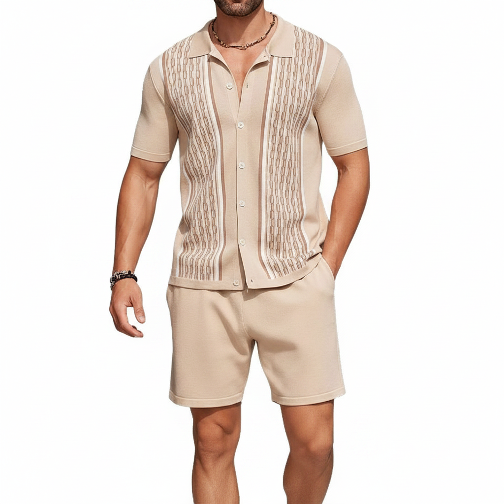 Men’s Textured Short Sleeve Button-Up Polo Shirt with Matching Shorts Set in Mint Green 12