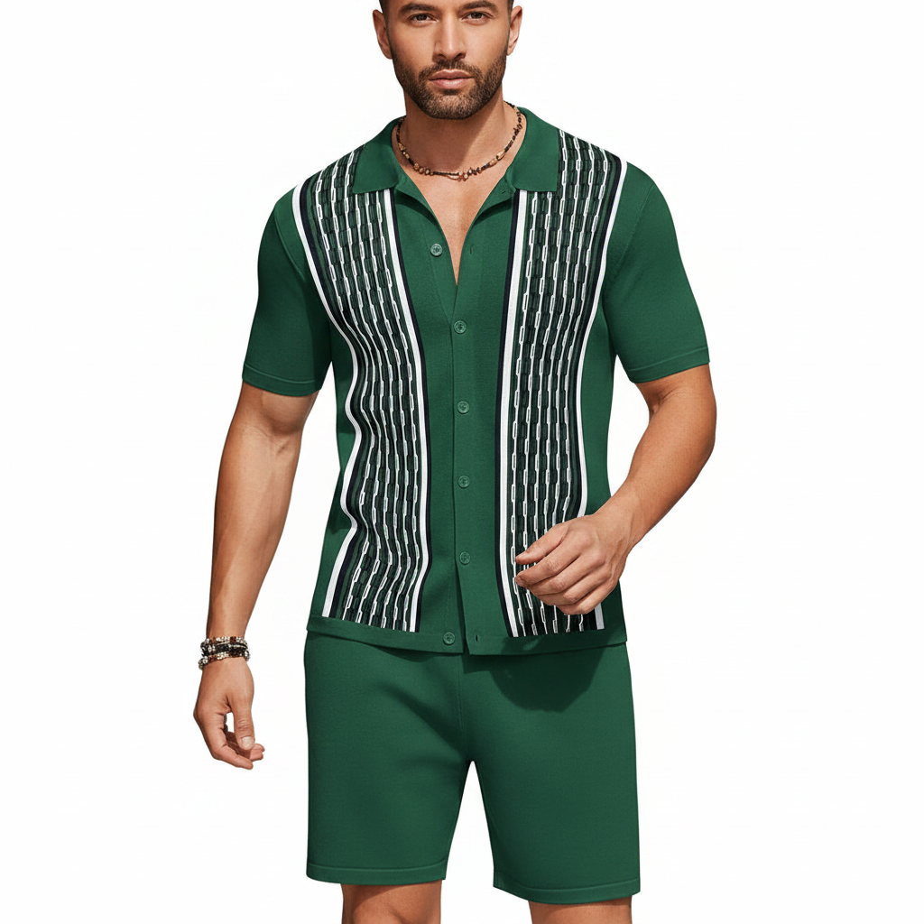 Men’s Textured Short Sleeve Button-Up Polo Shirt with Matching Shorts Set in Mint Green 8