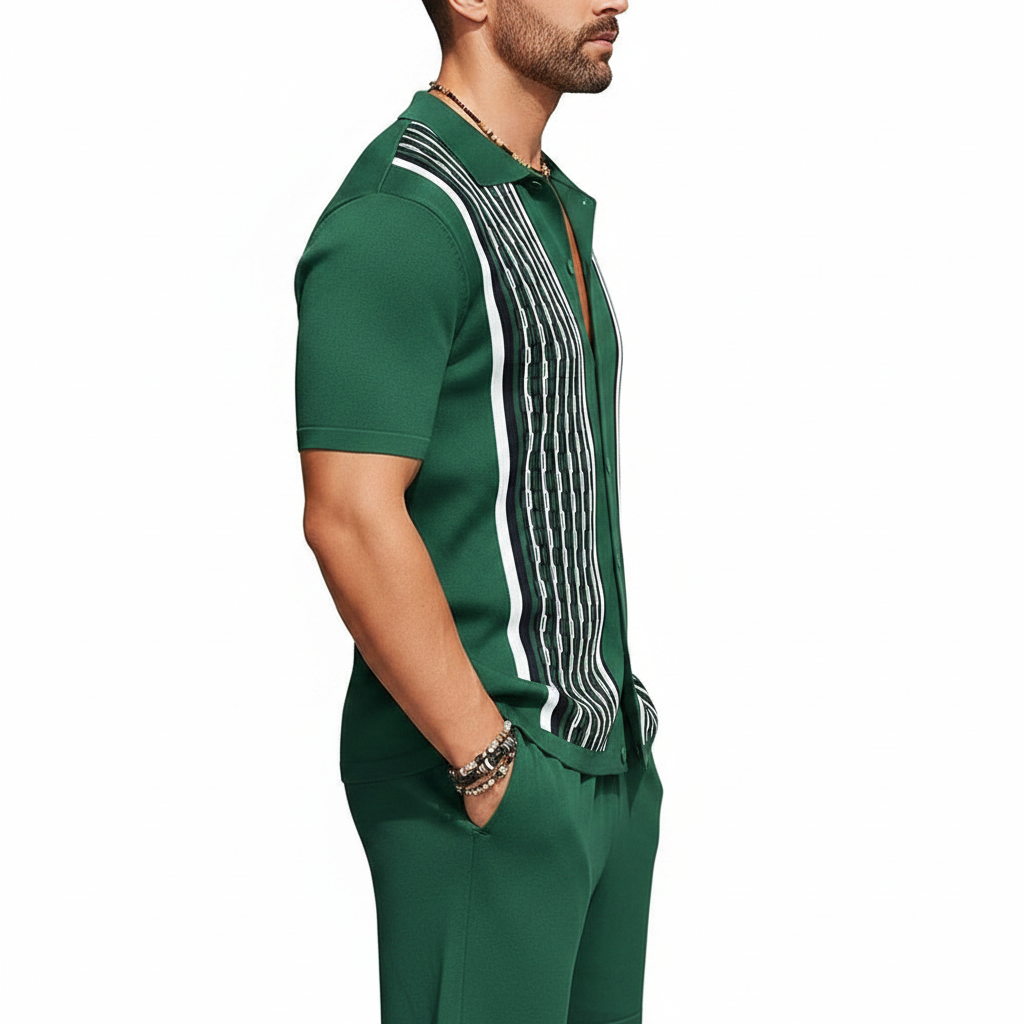 Men’s Textured Short Sleeve Button-Up Polo Shirt with Matching Shorts Set in Mint Green 10