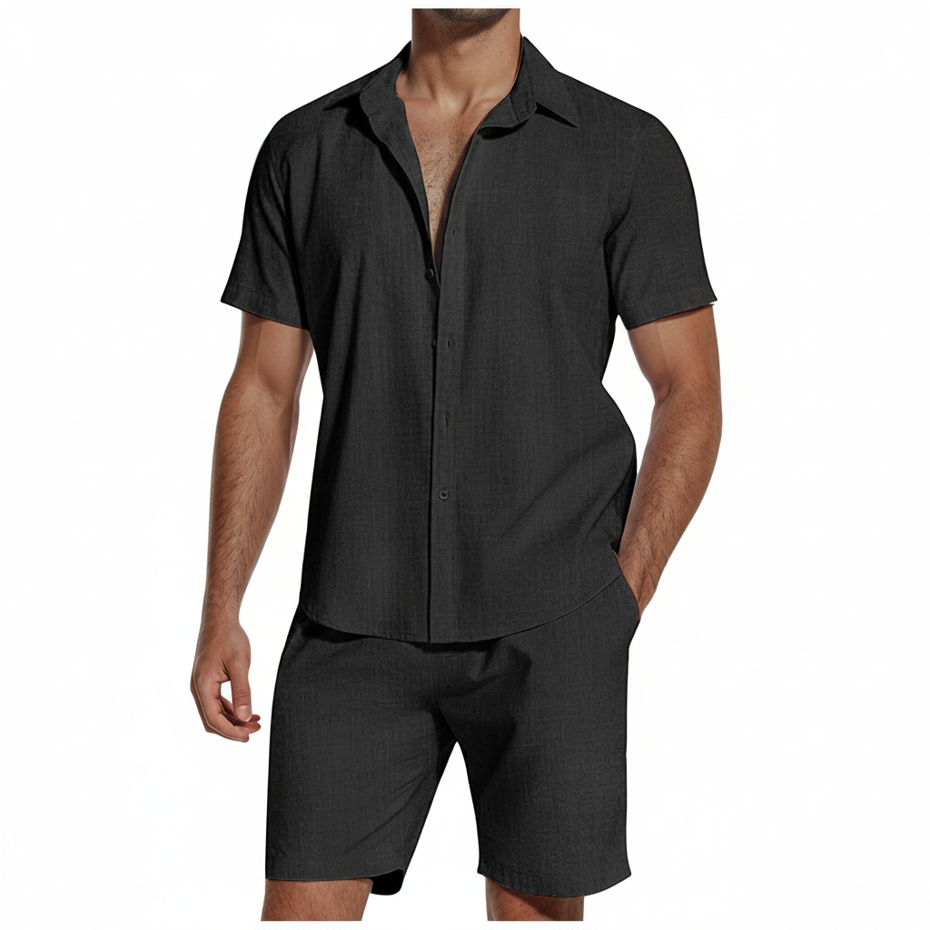 Men’s Short Sleeve Button-Up Shirt with Matching Shorts Set in Solid Colors 25