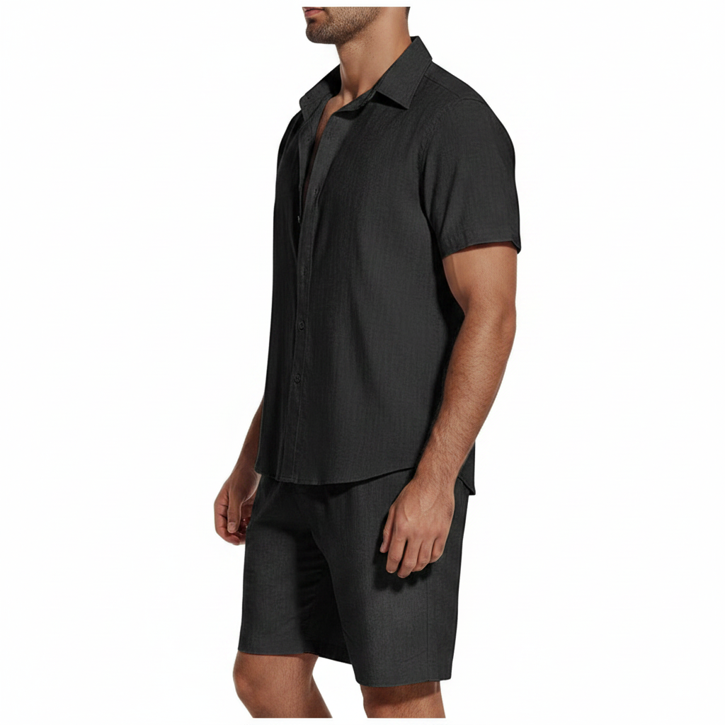Men’s Short Sleeve Button-Up Shirt with Matching Shorts Set in Solid Colors 26