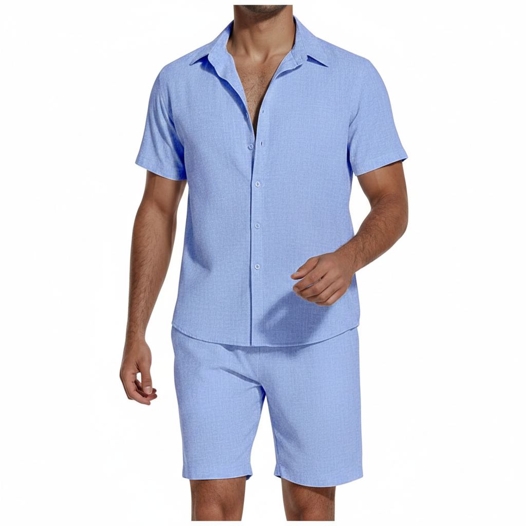 Men’s Short Sleeve Button-Up Shirt with Matching Shorts Set in Solid Colors 21