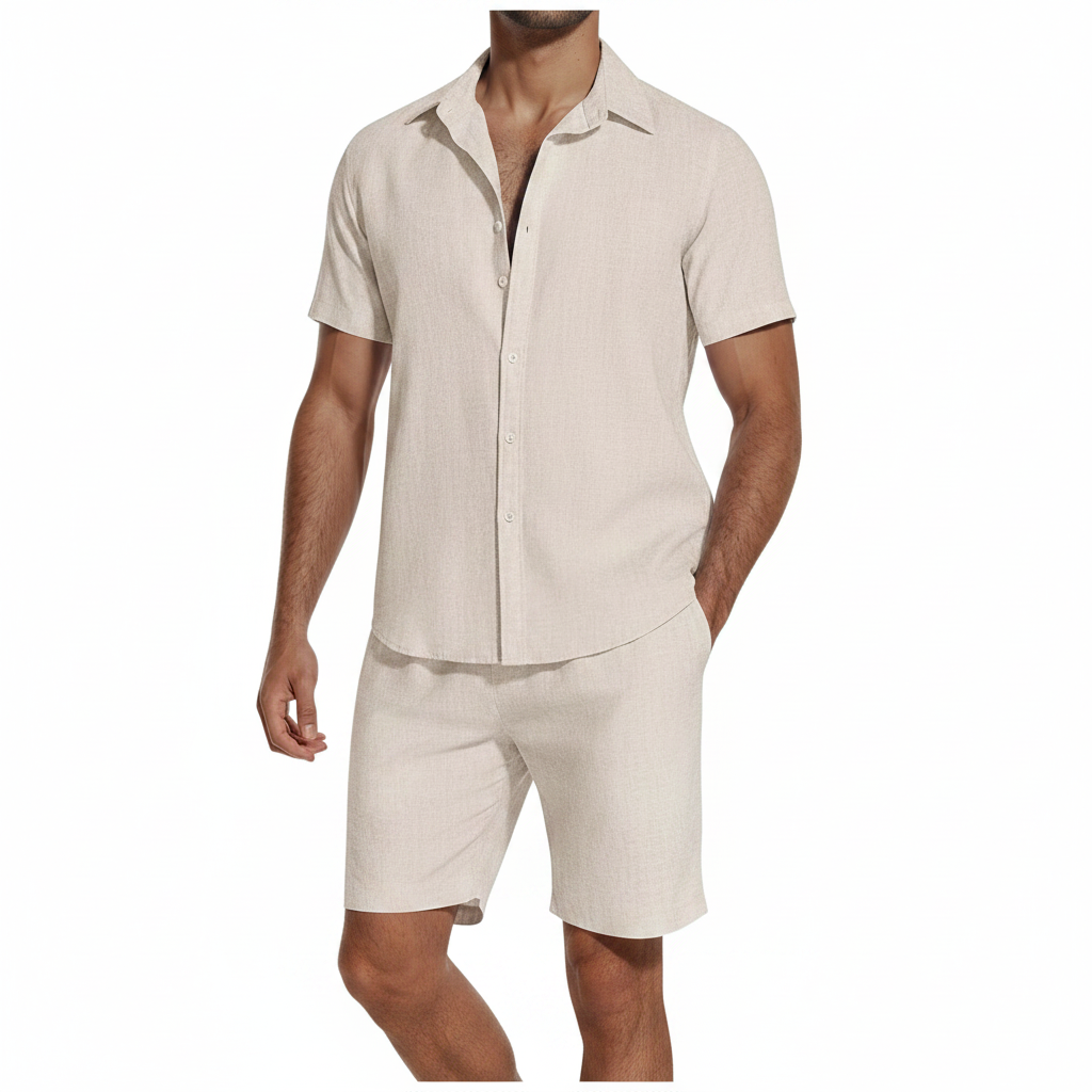 Men’s Short Sleeve Button-Up Shirt with Matching Shorts Set in Solid Colors 17