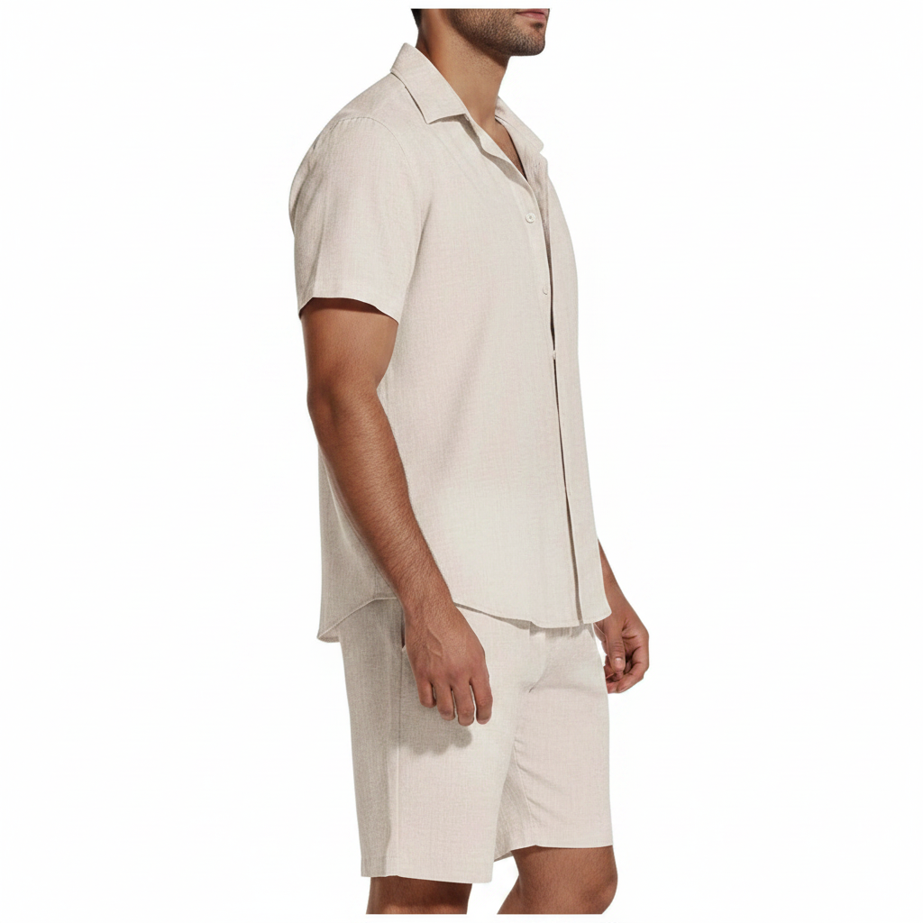Men’s Short Sleeve Button-Up Shirt with Matching Shorts Set in Solid Colors 19
