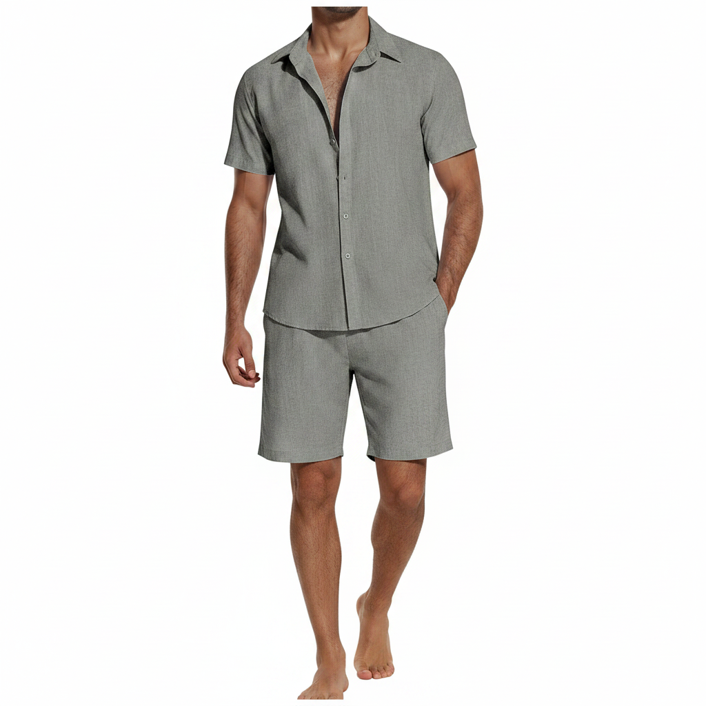 Men’s Short Sleeve Button-Up Shirt with Matching Shorts Set in Solid Colors 13