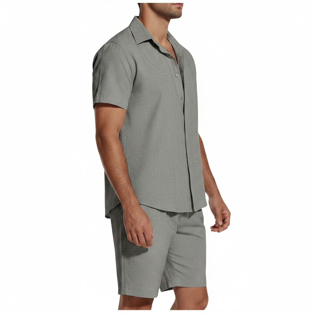 Men’s Short Sleeve Button-Up Shirt with Matching Shorts Set in Solid Colors 15