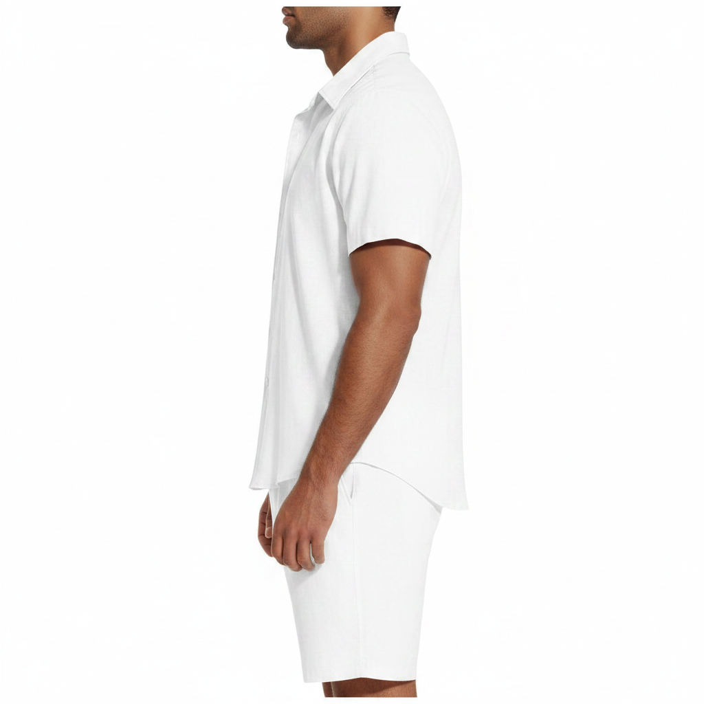 Men’s Short Sleeve Button-Up Shirt with Matching Shorts Set in Solid Colors 11