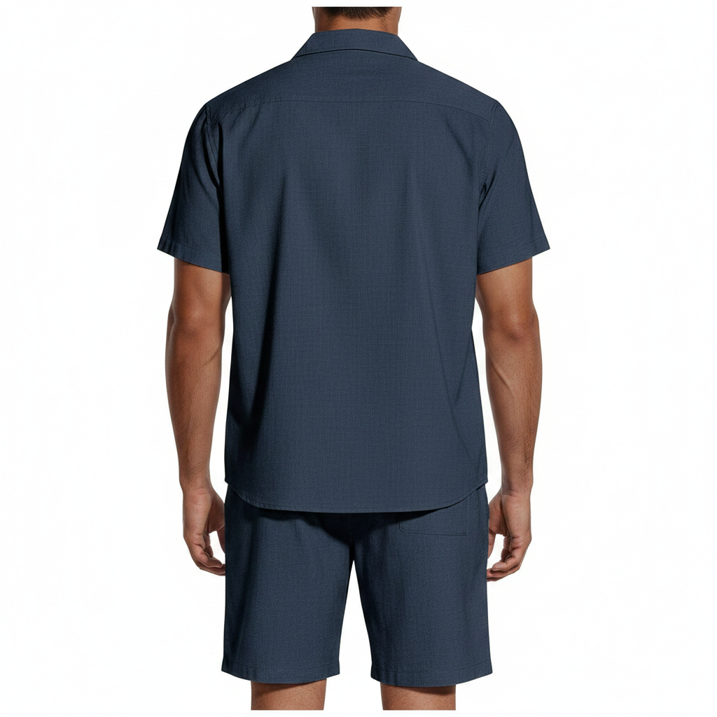 Men’s Short Sleeve Button-Up Shirt with Matching Shorts Set in Solid Colors 5