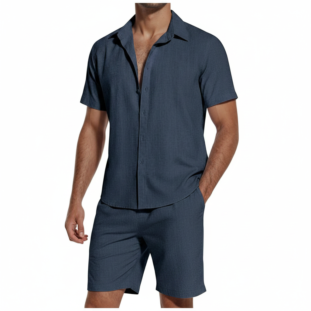 Men’s Short Sleeve Button-Up Shirt with Matching Shorts Set in Solid Colors