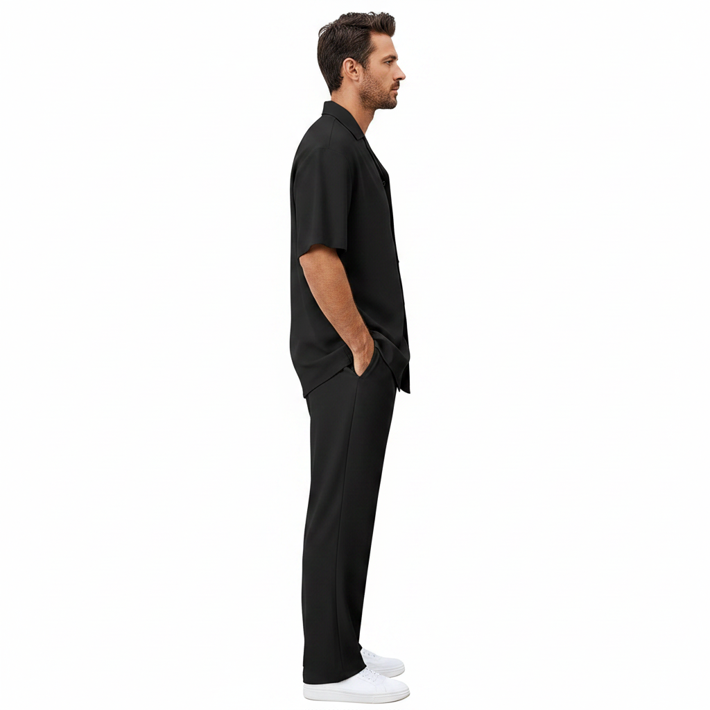 Men’s Short Sleeve Button-Up Shirt with Relaxed Fit Pants Set in Black 19