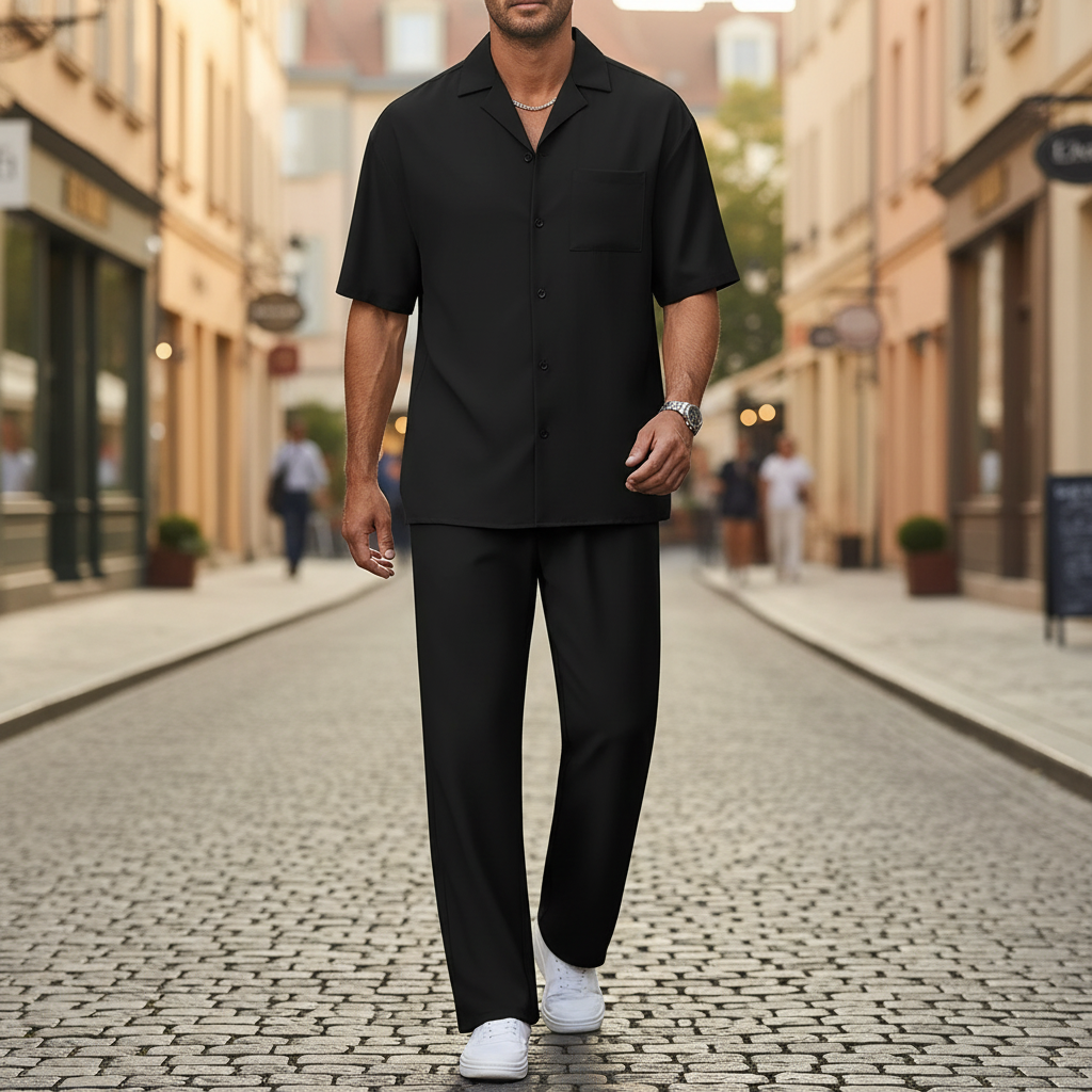 Men’s Short Sleeve Button-Up Shirt with Relaxed Fit Pants Set in Black 20