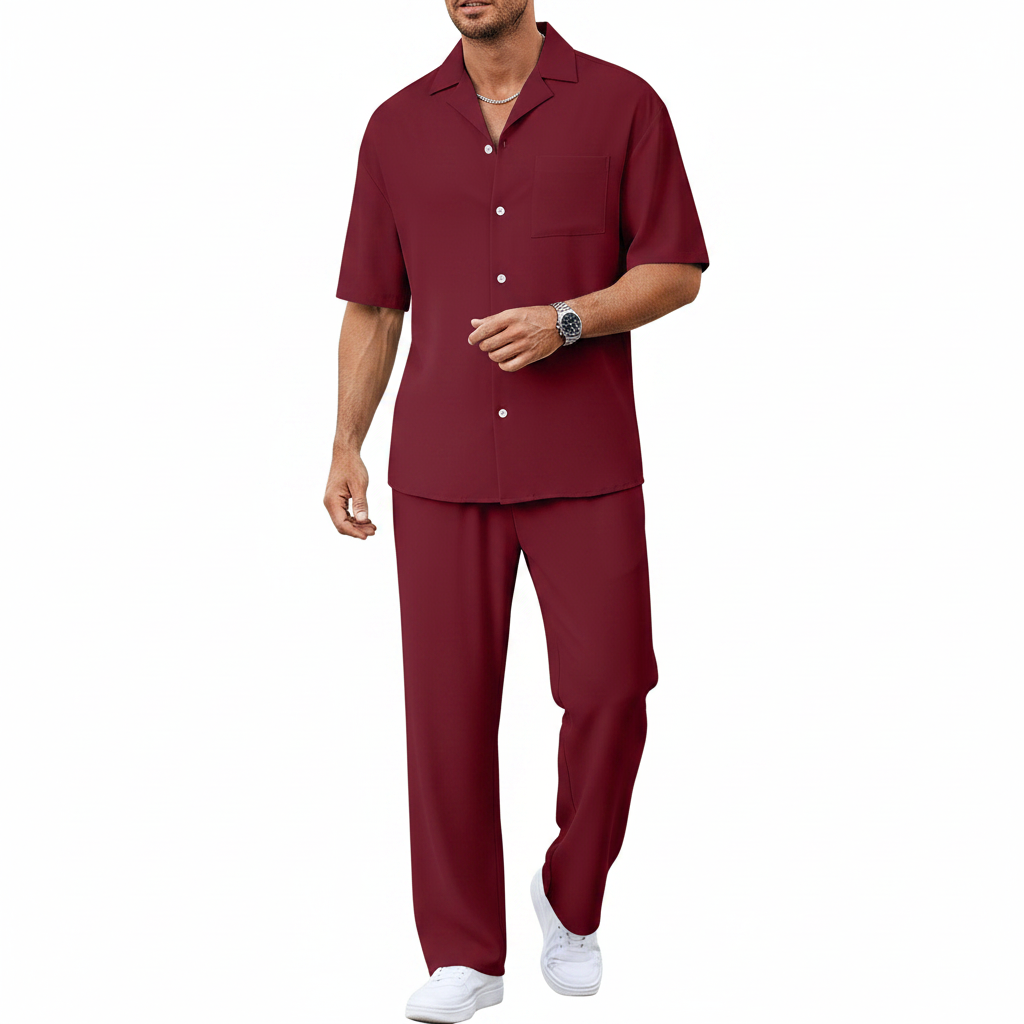 Men’s Short Sleeve Button-Up Shirt with Relaxed Fit Pants Set in Black 13