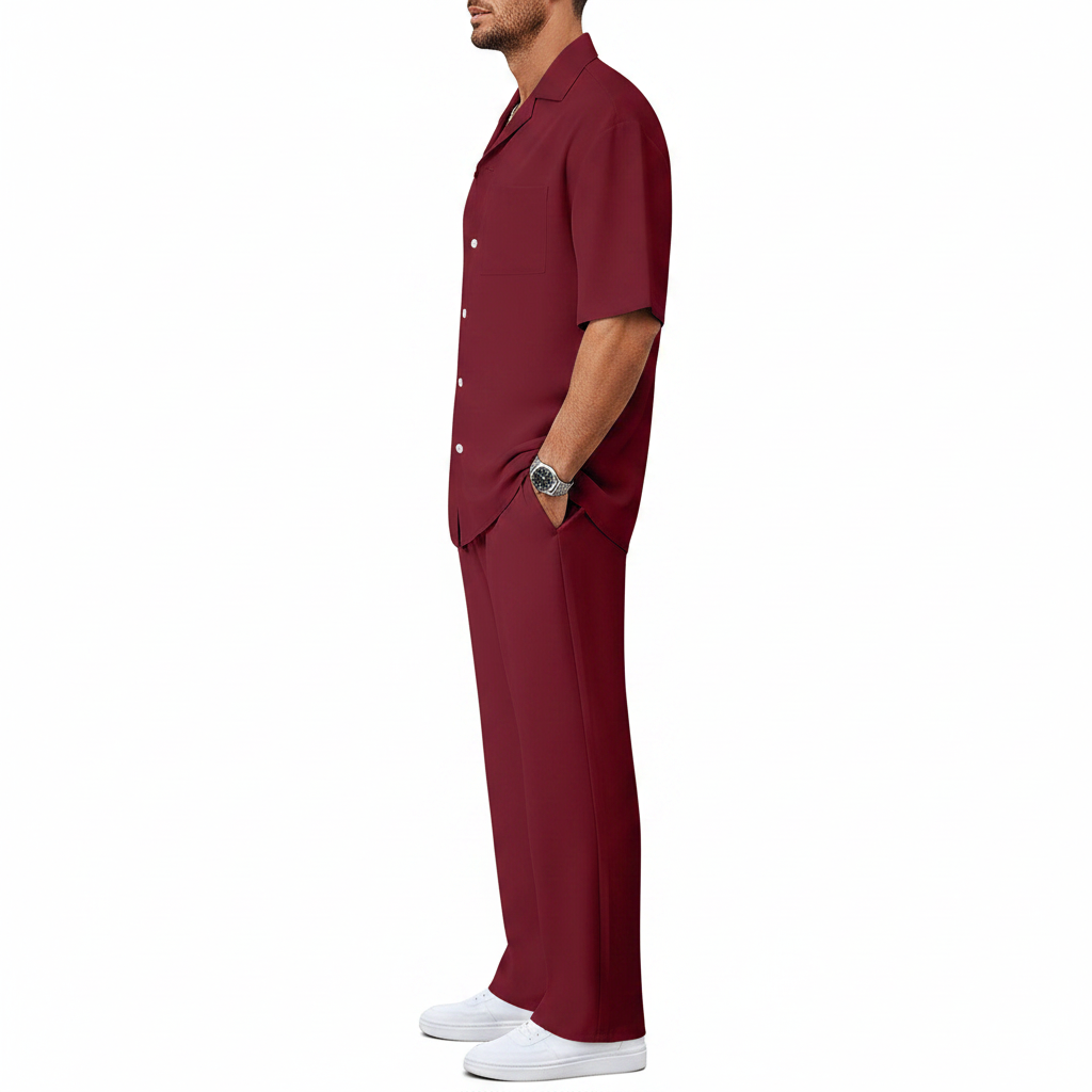 Men’s Short Sleeve Button-Up Shirt with Relaxed Fit Pants Set in Black 14