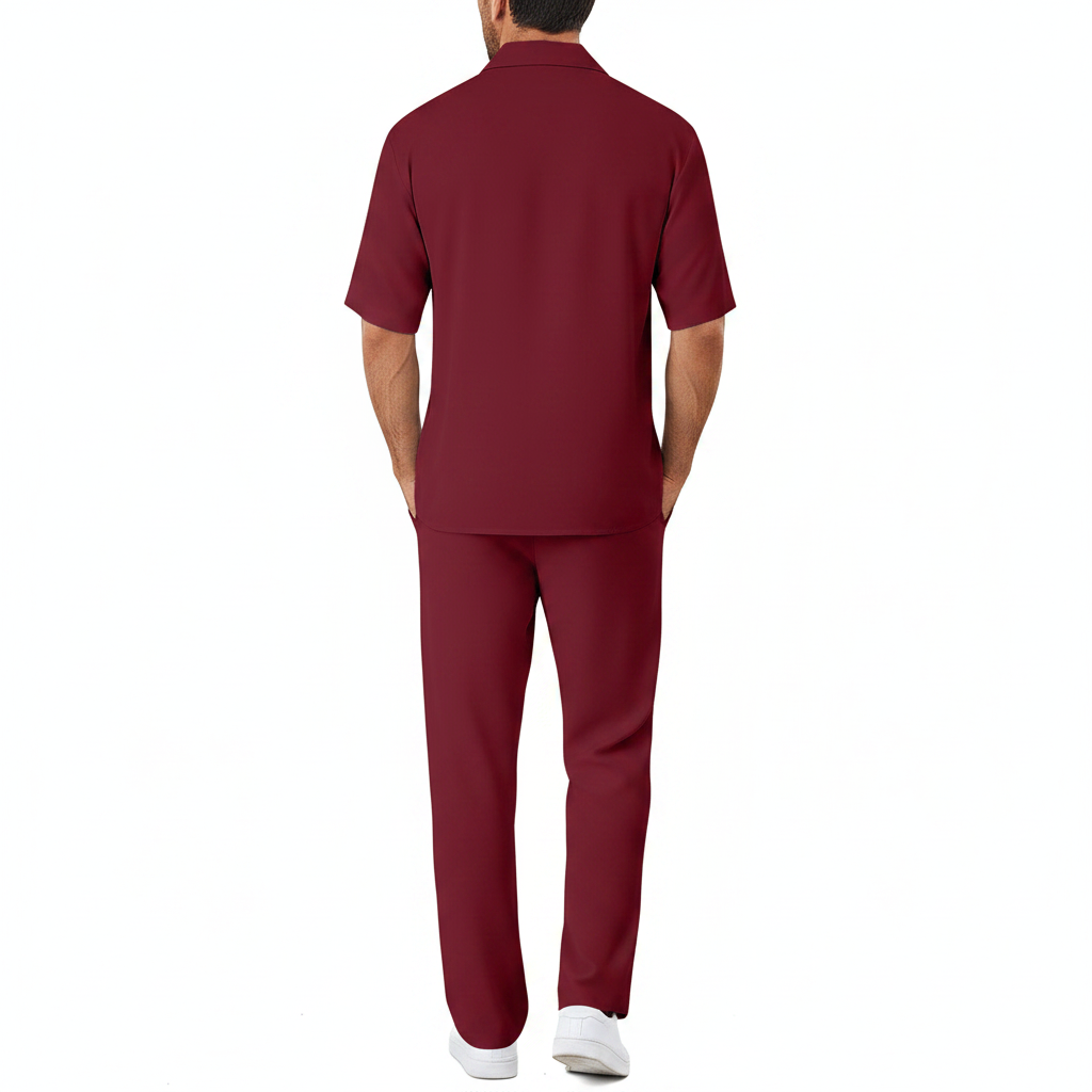 Men’s Short Sleeve Button-Up Shirt with Relaxed Fit Pants Set in Black 15