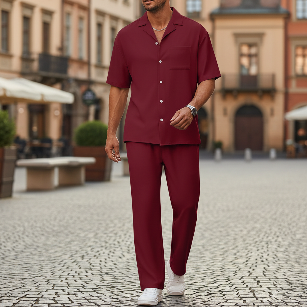 Men’s Short Sleeve Button-Up Shirt with Relaxed Fit Pants Set in Black 16