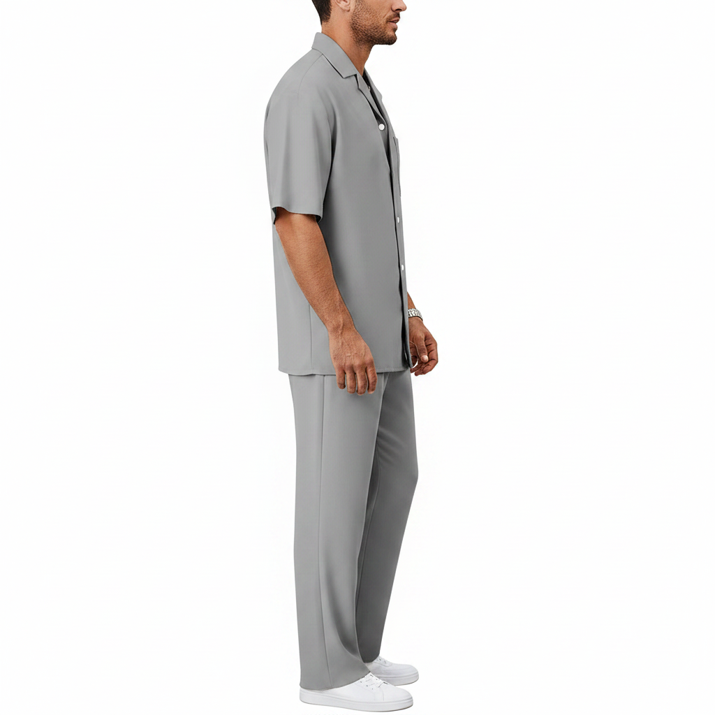 Men’s Short Sleeve Button-Up Shirt with Relaxed Fit Pants Set in Black 6