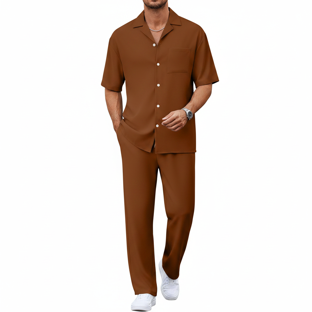 Men’s Short Sleeve Button-Up Shirt with Relaxed Fit Pants Set in Black 9