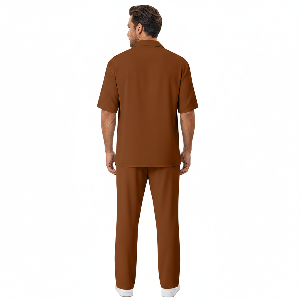 Men’s Short Sleeve Button-Up Shirt with Relaxed Fit Pants Set in Black 10