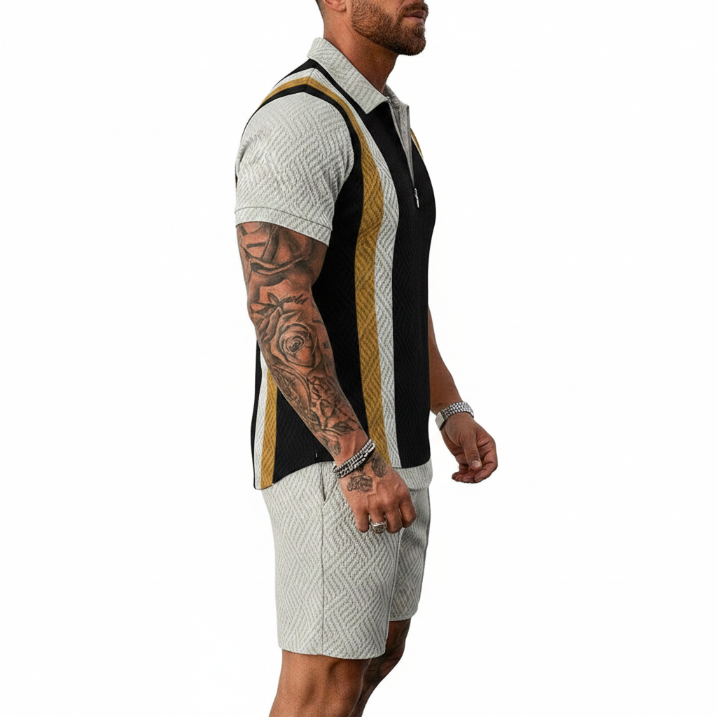 Men’s Color Block Zip Polo Shirt with Matching Shorts Set 71