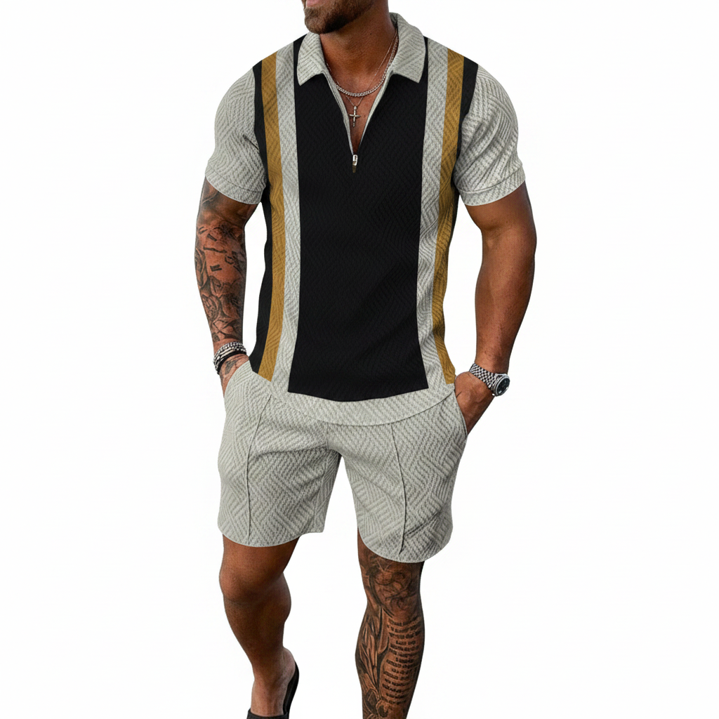 Men’s Color Block Zip Polo Shirt with Matching Shorts Set 70
