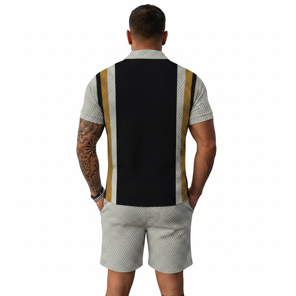 Men’s Color Block Zip Polo Shirt with Matching Shorts Set 68