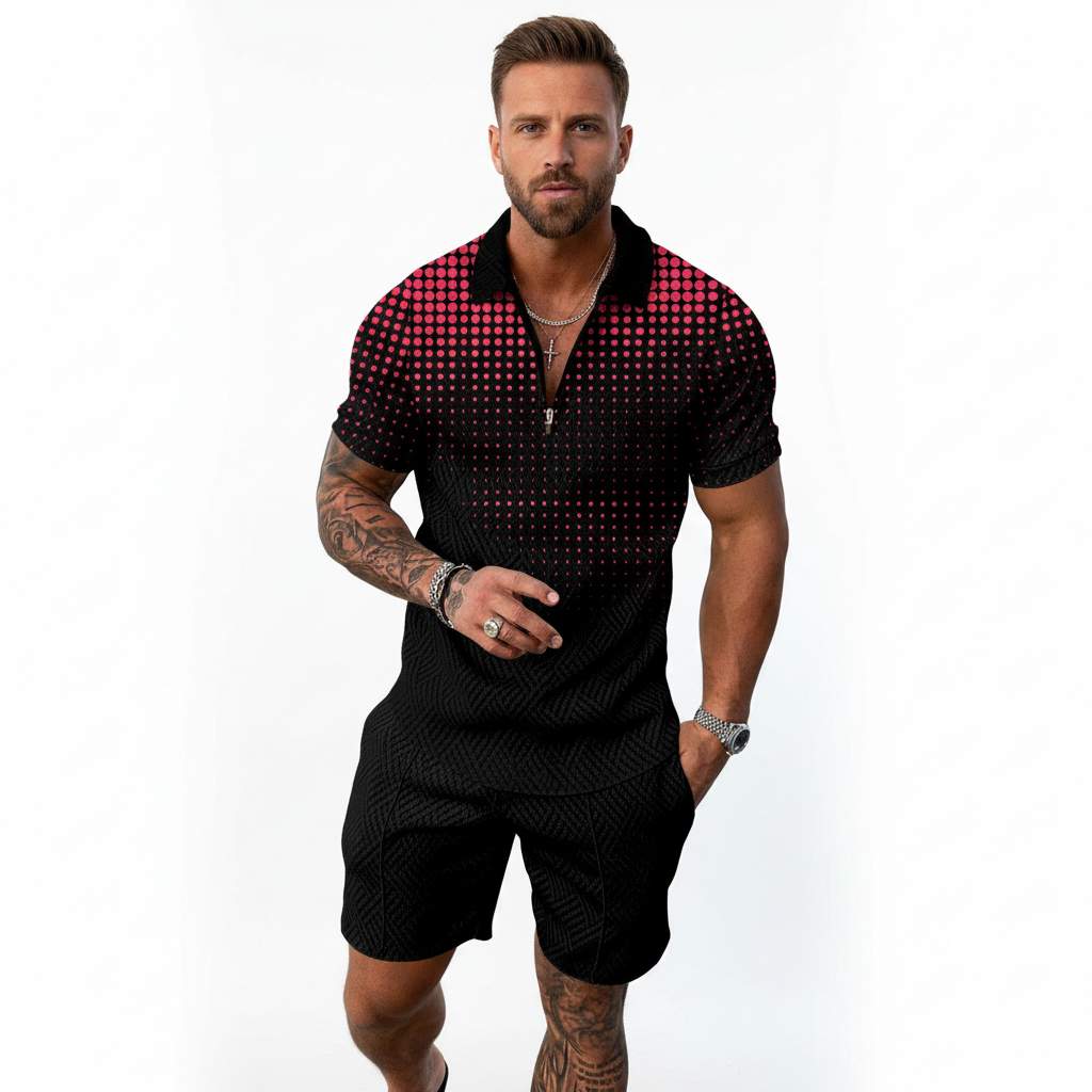 Men’s Color Block Zip Polo Shirt with Matching Shorts Set 63