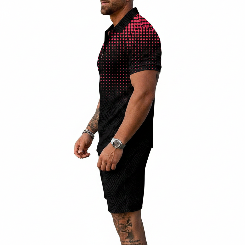 Men’s Color Block Zip Polo Shirt with Matching Shorts Set 62