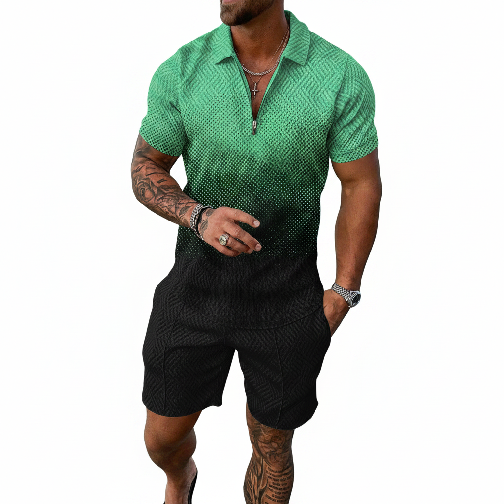 Men’s Color Block Zip Polo Shirt with Matching Shorts Set 59
