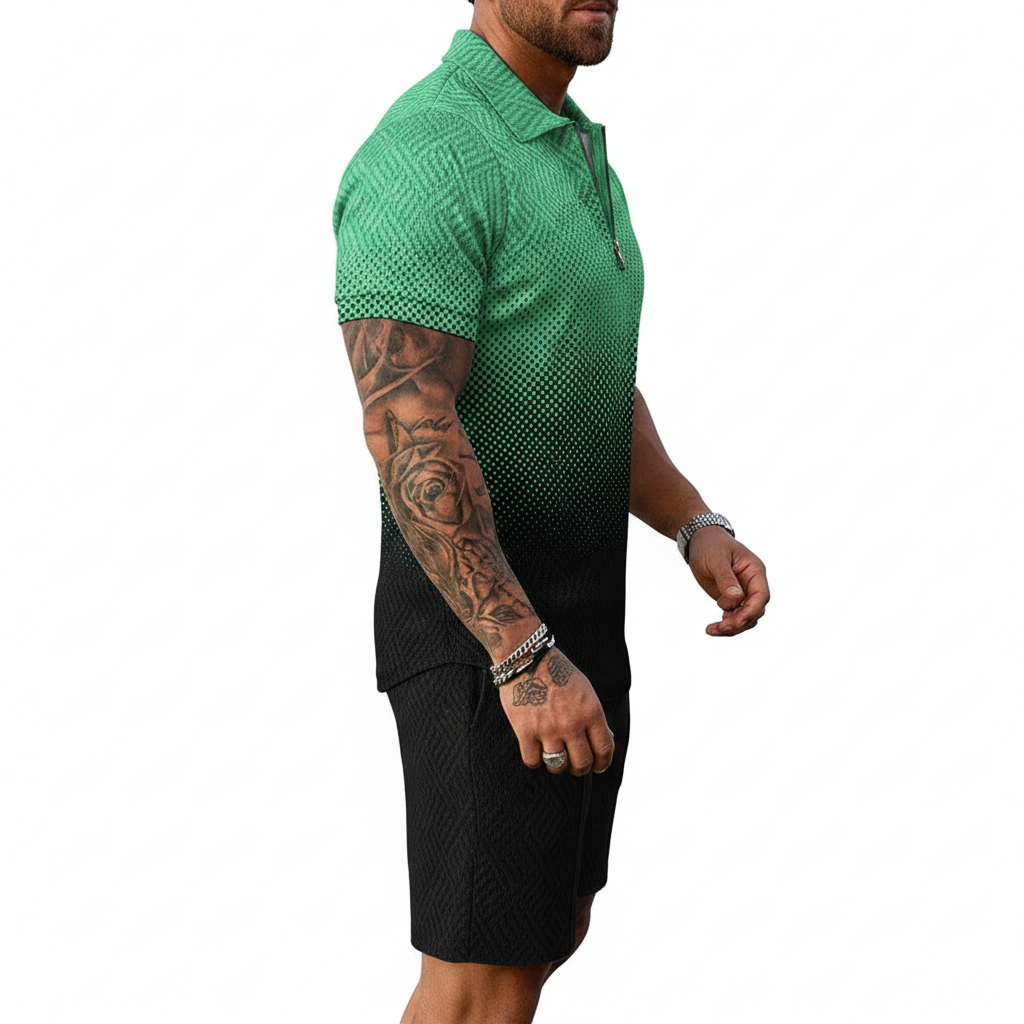 Men’s Color Block Zip Polo Shirt with Matching Shorts Set 58