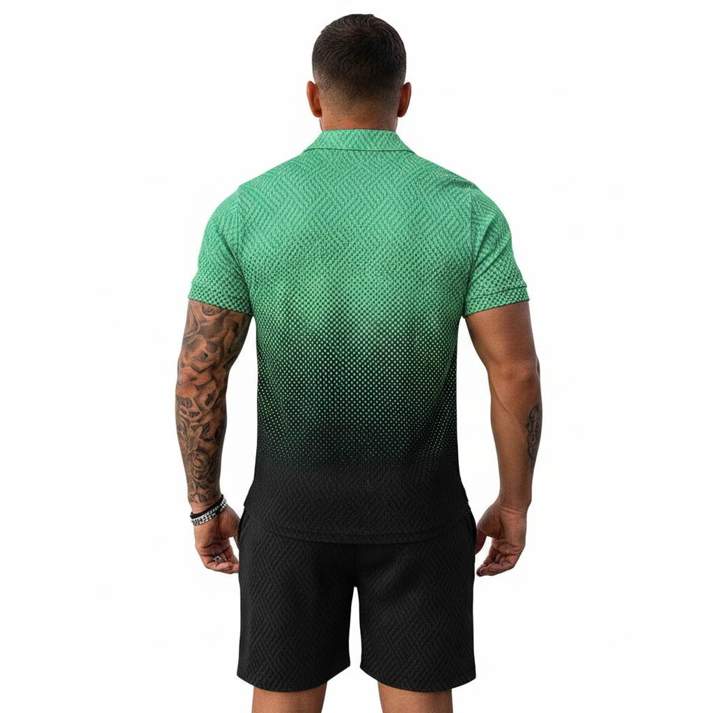 Men’s Color Block Zip Polo Shirt with Matching Shorts Set 57