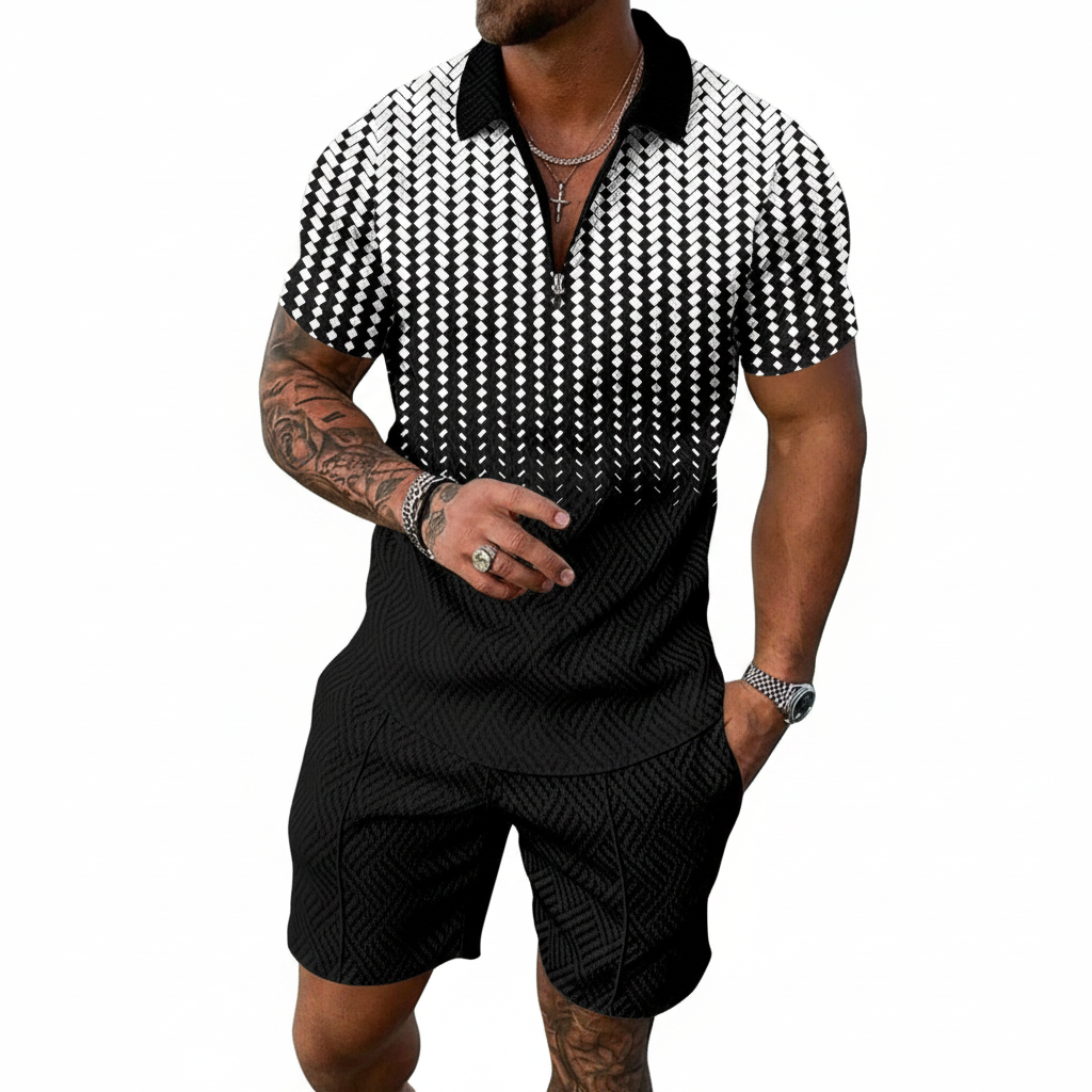 Men’s Color Block Zip Polo Shirt with Matching Shorts Set 55