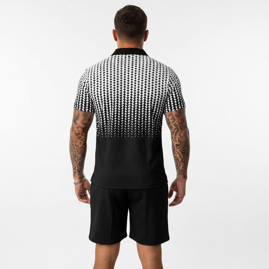 Men’s Color Block Zip Polo Shirt with Matching Shorts Set 53