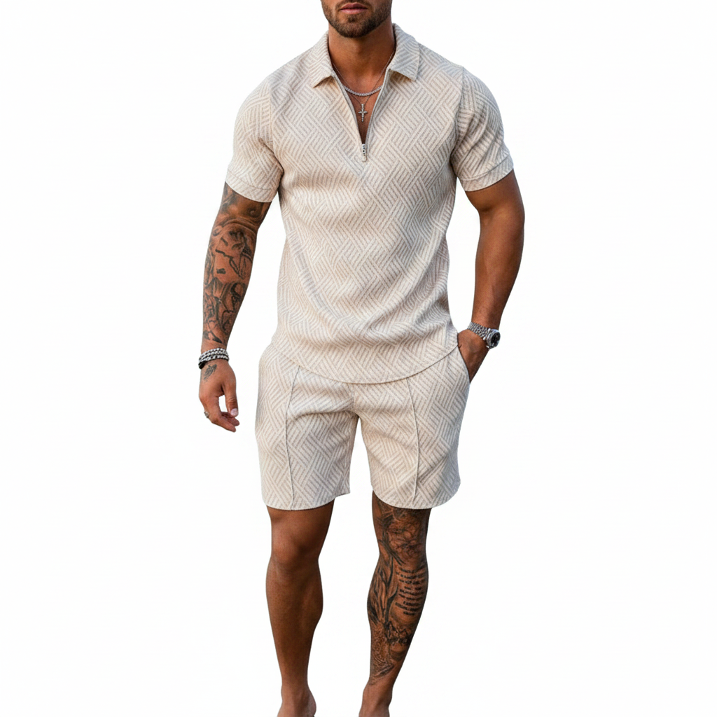 Men’s Color Block Zip Polo Shirt with Matching Shorts Set 51