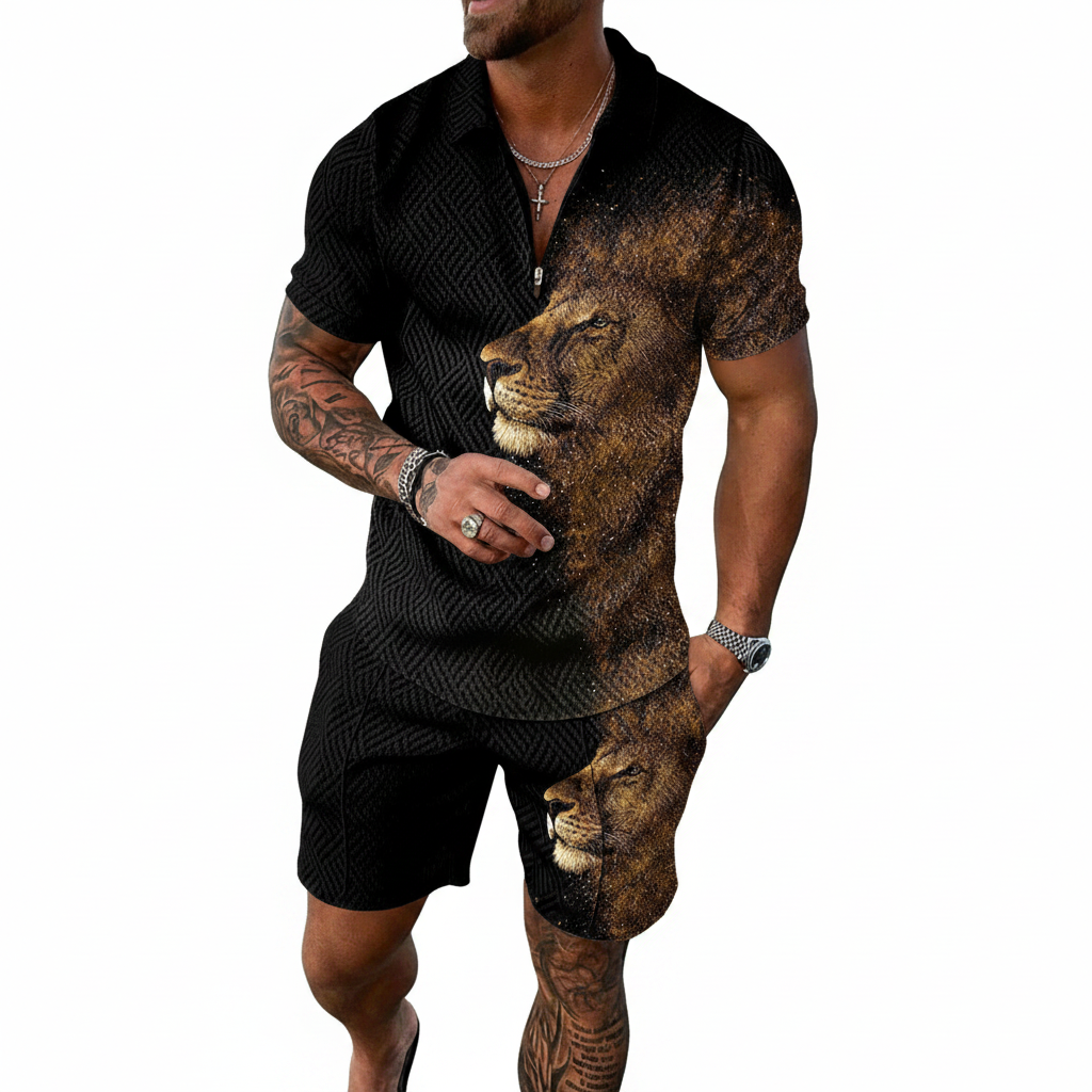 Men’s Color Block Zip Polo Shirt with Matching Shorts Set 47