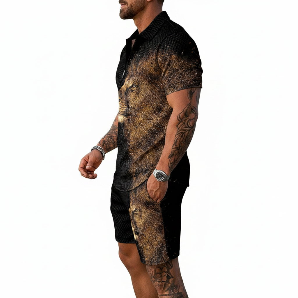 Men’s Color Block Zip Polo Shirt with Matching Shorts Set 46