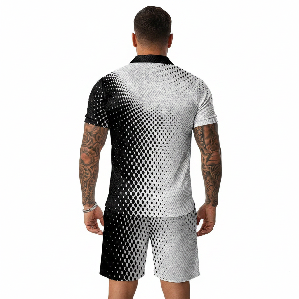 Men’s Color Block Zip Polo Shirt with Matching Shorts Set 41