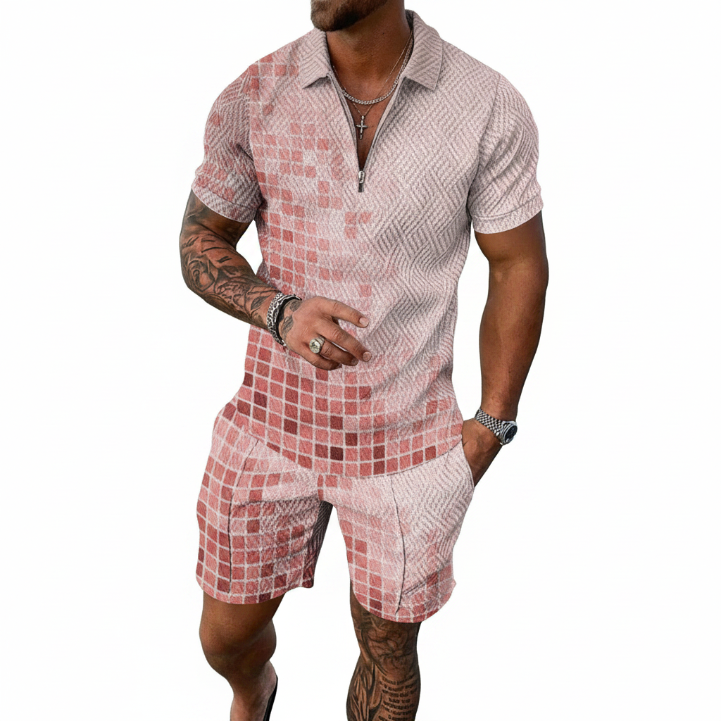 Men’s Color Block Zip Polo Shirt with Matching Shorts Set 39