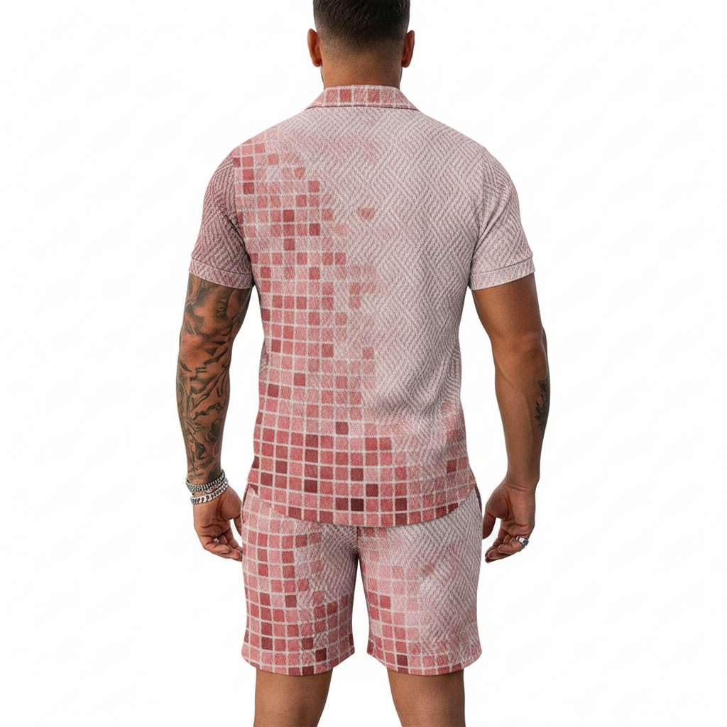 Men’s Color Block Zip Polo Shirt with Matching Shorts Set 38