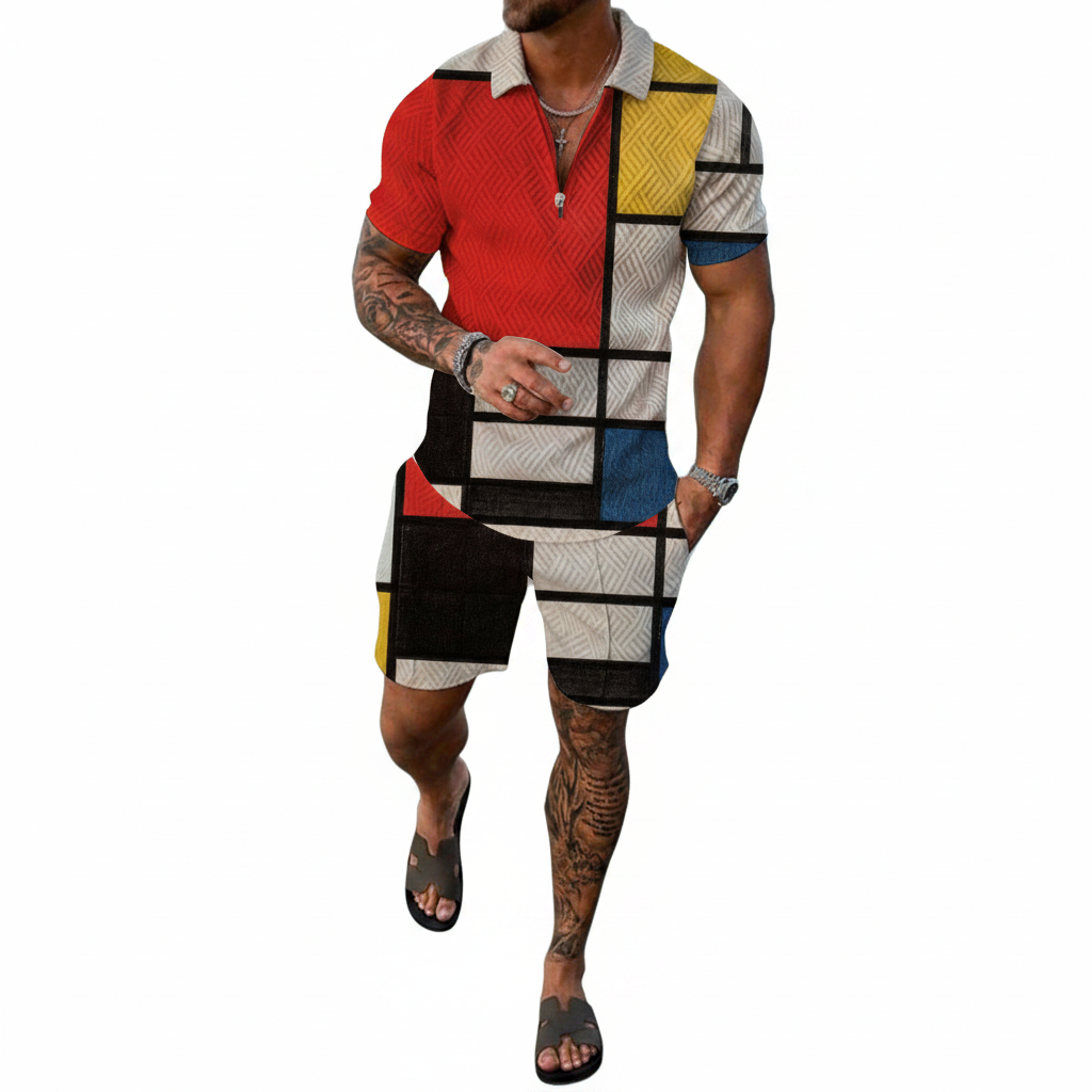 Men’s Color Block Zip Polo Shirt with Matching Shorts Set 35
